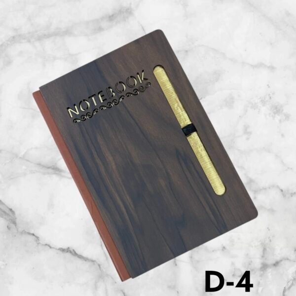 Luxury wooden finish corporate notebook with metal logo branding for premium executive gifting in Ahmedabad