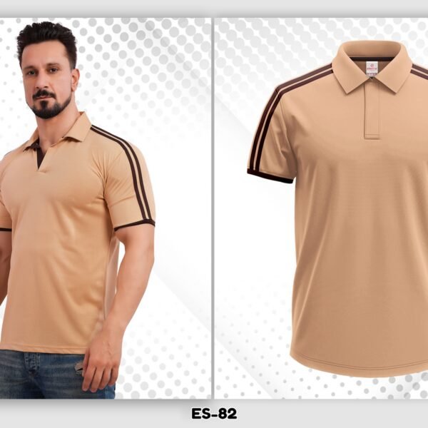 beige dryfit polo t-shirt Ahmedabad with brown stripe sleeves for corporate and promotional use