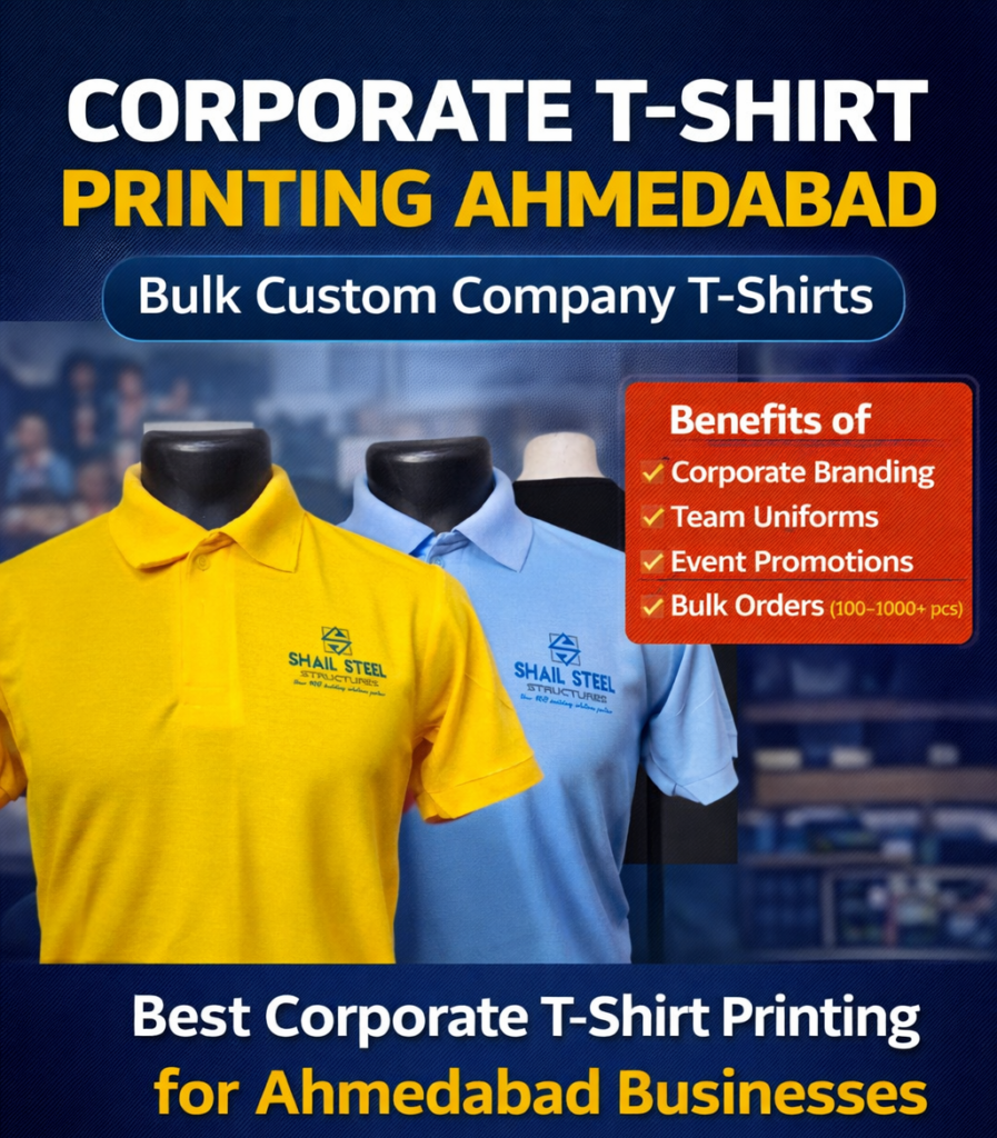 Corporate t-shirt printing Ahmedabad – custom company logo polo t-shirts for bulk corporate orders by Priya Creative Design Hub.