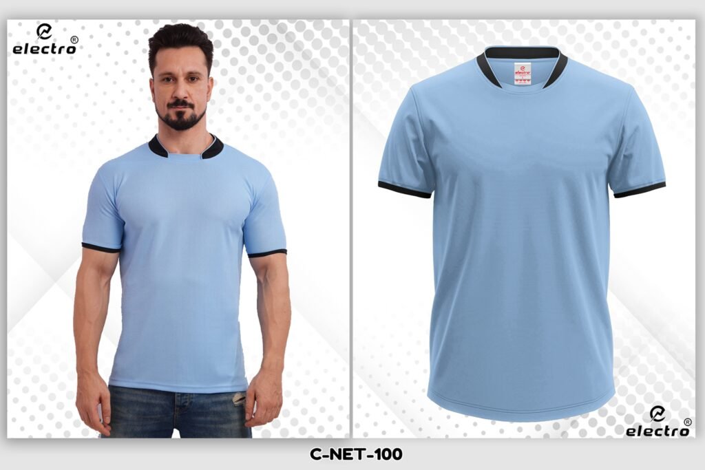 Light blue dryfit t-shirt with black collar custom uniform Ahmedabad