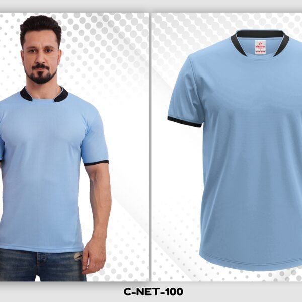 Light blue dryfit t-shirt with black collar custom uniform Ahmedabad
