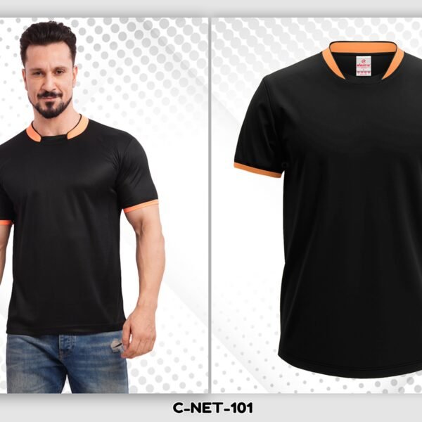 Black dryfit t-shirt with orange collar custom sportswear Ahmedabad