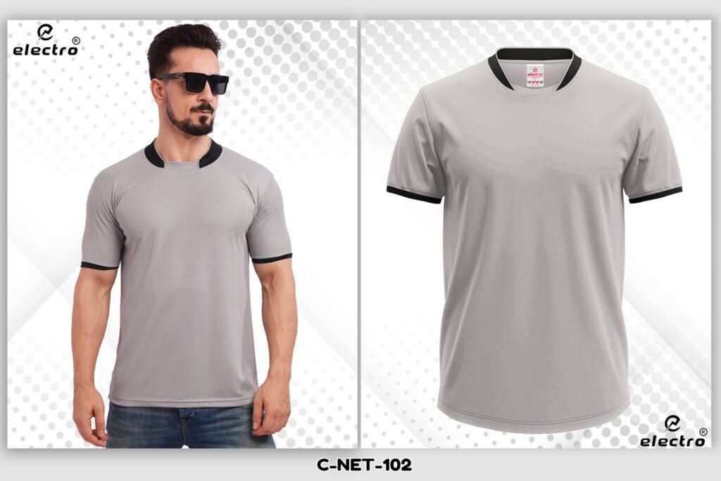 Light grey dryfit t-shirt with black collar custom printing Ahmedabad