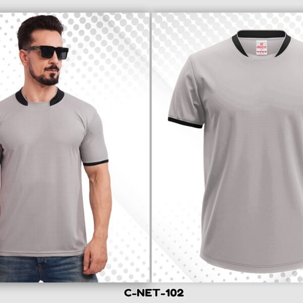 Light grey dryfit t-shirt with black collar custom printing Ahmedabad