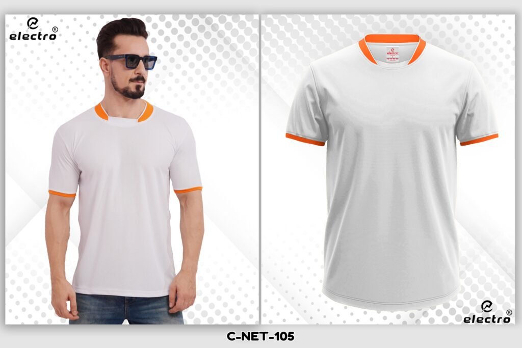 White dryfit t-shirt with orange collar custom printed t-shirt Ahmedabad