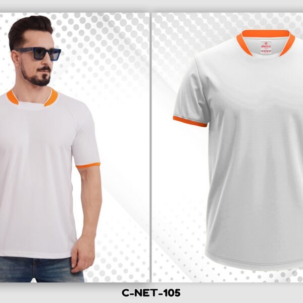 White dryfit t-shirt with orange collar custom printed t-shirt Ahmedabad