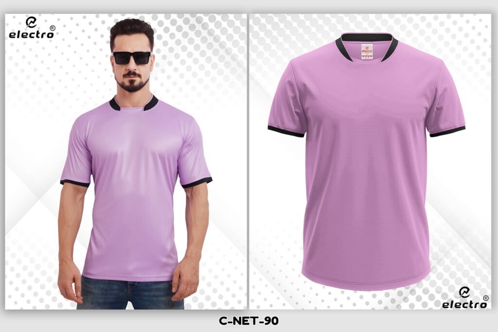 Light purple dryfit t-shirt with black collar for men custom printing Ahmedabad