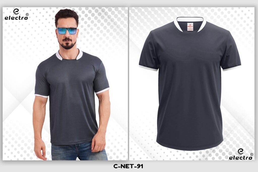 Dark grey dryfit t-shirt with white collar custom sports t-shirt Ahmedabad