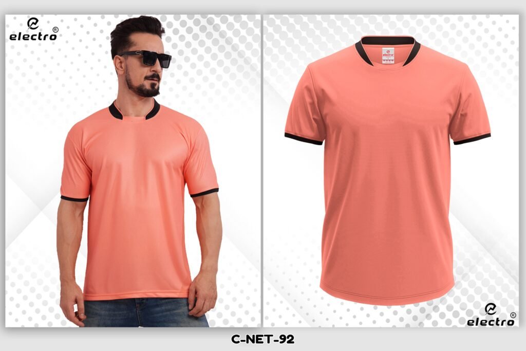 Peach color dryfit t-shirt with black collar custom printing Ahmedabad