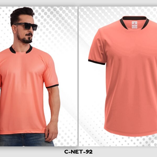 Peach color dryfit t-shirt with black collar custom printing Ahmedabad