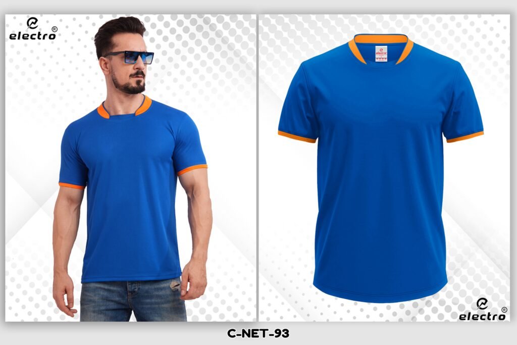 Blue dryfit t-shirt with orange collar sports t-shirt design Ahmedabad