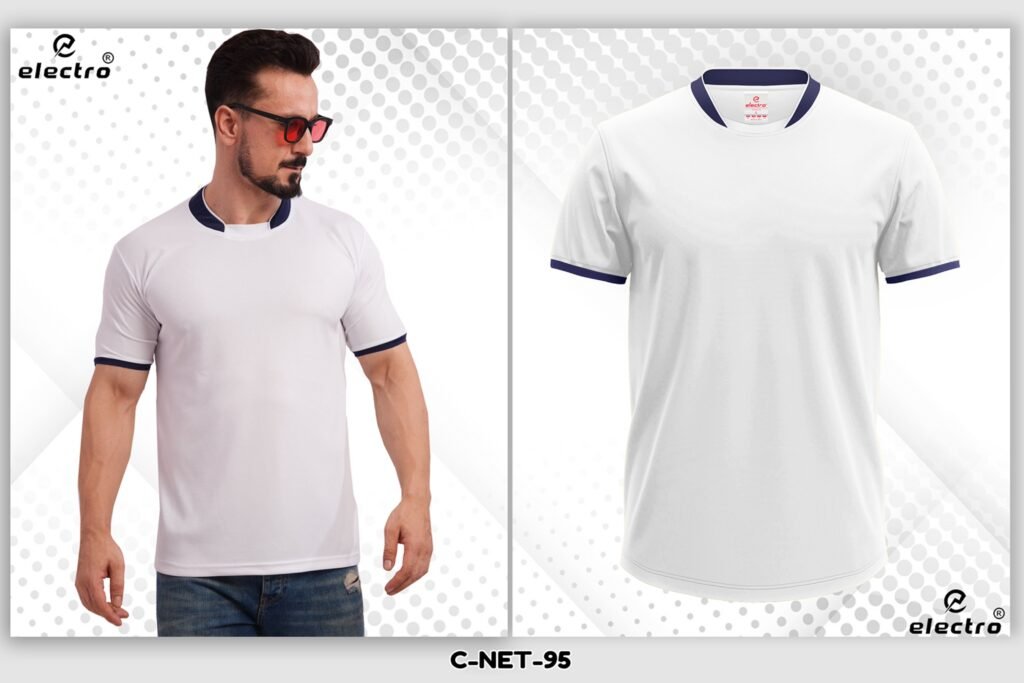 White dryfit t-shirt with blue collar custom printing Ahmedabad