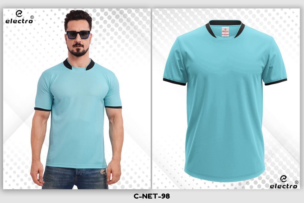 Sky blue dryfit t-shirt with black collar custom printed t-shirt Ahmedabad