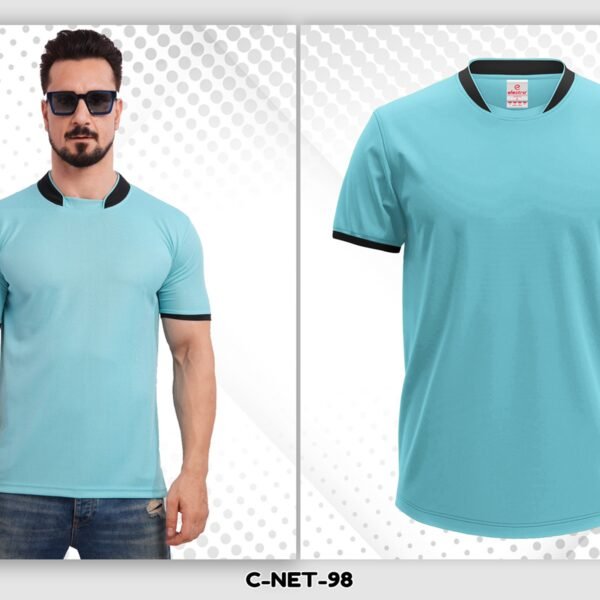 Sky blue dryfit t-shirt with black collar custom printed t-shirt Ahmedabad