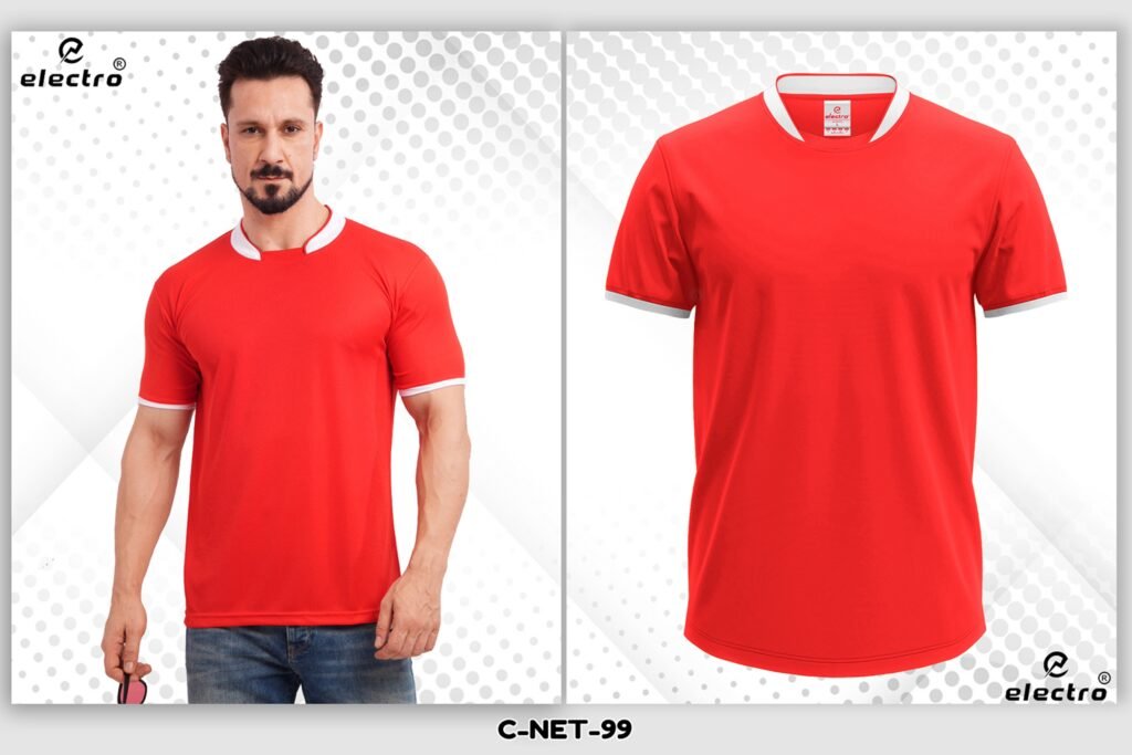 Red dryfit t-shirt with white collar custom printing Ahmedabad