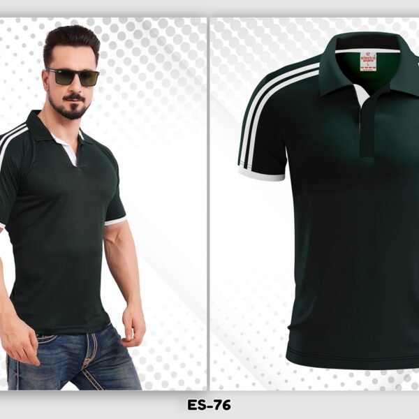 dark green dryfit polo t-shirt Ahmedabad with white stripe sleeve design for sports and custom printing