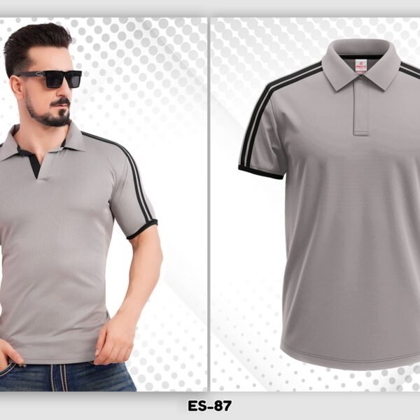 grey black dryfit polo t-shirt Ahmedabad with stripe sleeves for sports teams and corporate wear