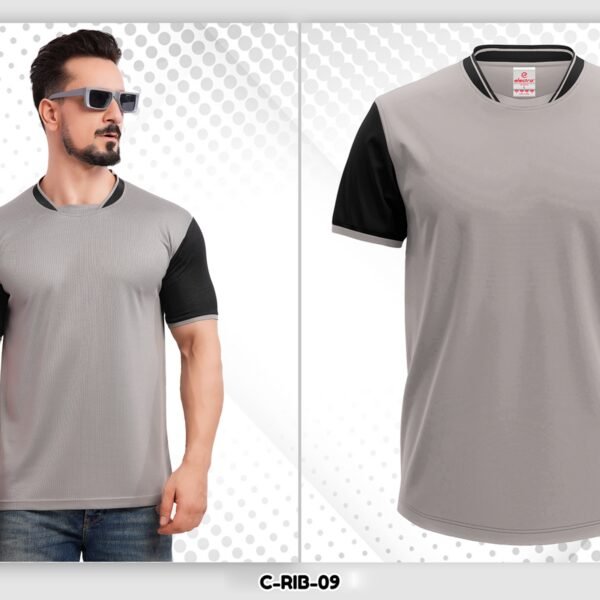 grey black dryfit t shirt Ahmedabad with contrast sleeves for sports, gym and corporate use