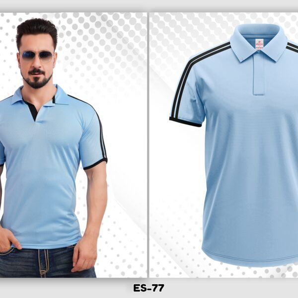 light blue dryfit polo t-shirt Ahmedabad with black stripe sleeve design for sports and promotional use