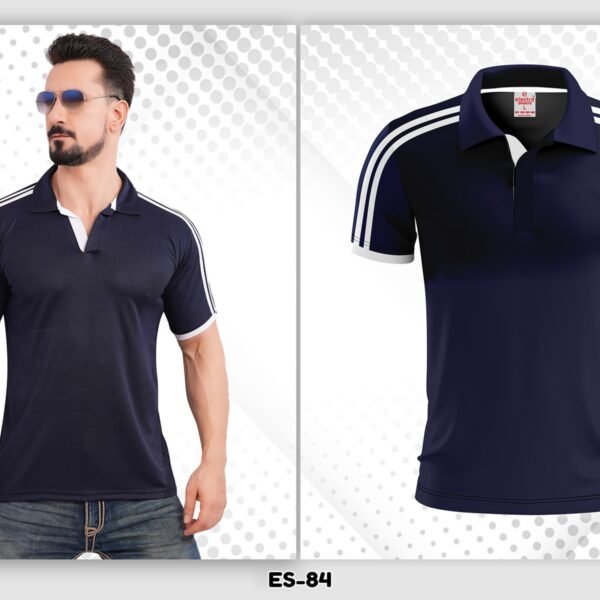 navy blue dryfit polo t-shirt Ahmedabad with white stripe sleeves for corporate and sports use