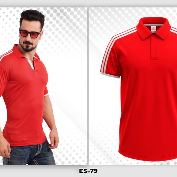 red dryfit polo t-shirt Ahmedabad with white stripe design for team uniforms and custom printing