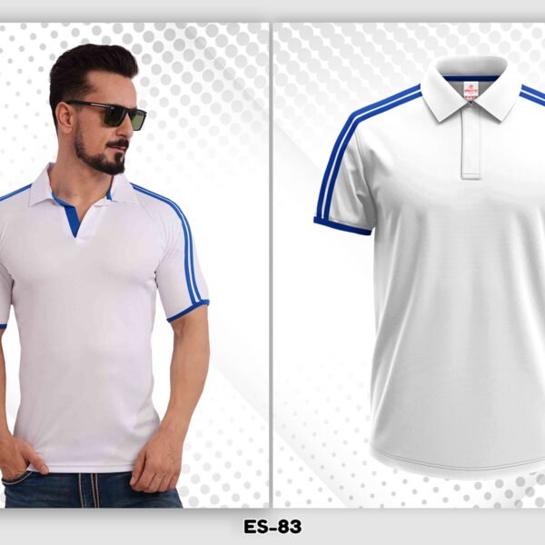 white blue dryfit polo t-shirt Ahmedabad with blue stripe sleeves for sports and event printing
