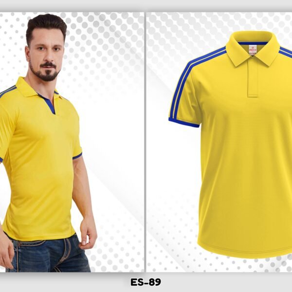 yellow blue dryfit polo t-shirt Ahmedabad with blue stripe sleeves for sports teams and event use