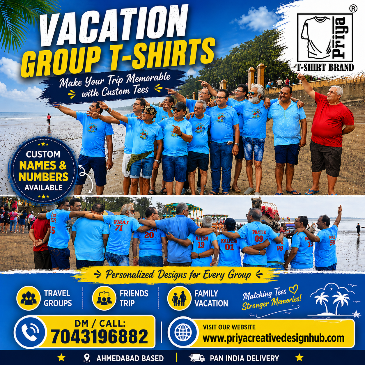 Custom vacation group t-shirt printing in SG Highway Ahmedabad with personalized names and numbers for friends and family trips